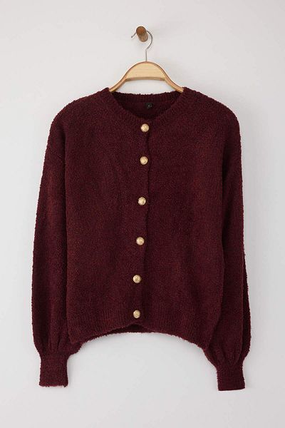 Trendyol Collection Burgundy Button Detailed Soft Textured Knitwear Cardigan Twoaw25Hi00147