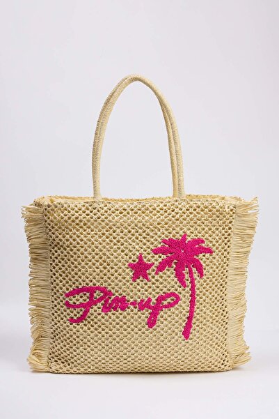 TRENDYOL SHOES Beige Embroidered Tassel Detailed Straw Women's Maxi/Large Tote Shoulder Bag Takss25Oc00049