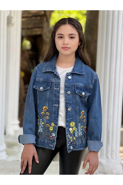 DUDOR KİDS Jachetă de blugi cu broderie florală pentru fete - Jachetă de blugi/Mantouri de blugi