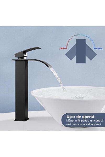 TrioStore Baterie baie, tip cascadă, monocomandă, design minimalist, oțel, negru, 30 cm