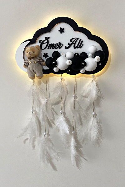 Ahşaplan Bubble Ledli Siyah Beyaz Bulut Bebek Kapı Süsü | Bebek Odası Takım D...