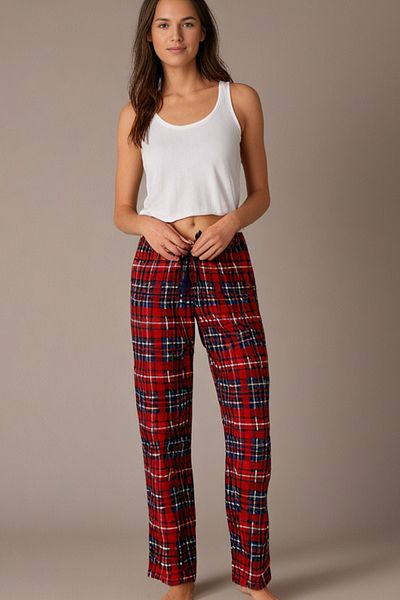 Elemge Women's Red Pajama Bottoms Suede Fabric Plaid Comfortable Fit with Ribbon Stretchy Soft Texture Without Pockets