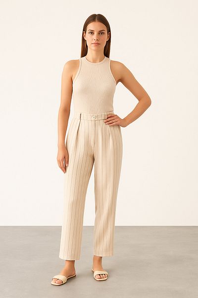 Noi Belis Pantaloni drepti din amestec de in cu dungi bej cu talie elastică SS25PL0004