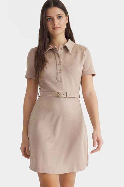 PayBuy Chic A-Line Mini Suede Dress with Belt Short Sleeve Casual Style Trend Design Custom Perfect Fit