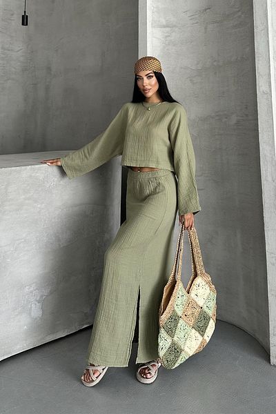 İstangül Butik Soft Moss Summer Cool Muslin Suit Relaxed Fit and Tril Texture