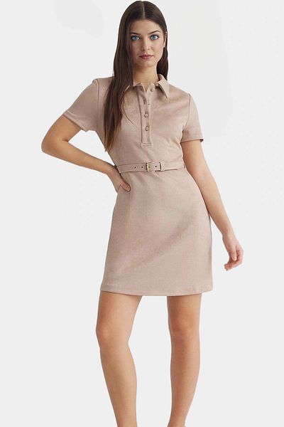 PayBuy Chic A-Line Mini Suede Dress with Belt Short Sleeve Casual Style Trend Design Custom Perfect Fit