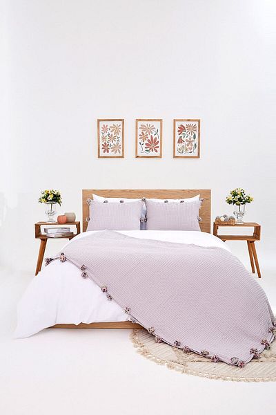 homewell غطاء وسادة ومفرش سرير متعدد الأغراض بتصميم خاص من Pompom 3 قطع La Cite Gray