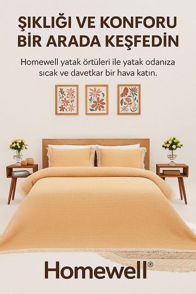 homewell تصميم خاص لحاف وغطاء سرير كبير مزين بشراشيب مكون من 3 قطع باللون البني الكبير