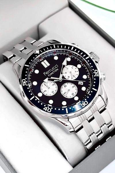 Ferrucci Function Men Wrist Watch Silver-Blue Steel Band 3Atm Water Resistant Sdfer095