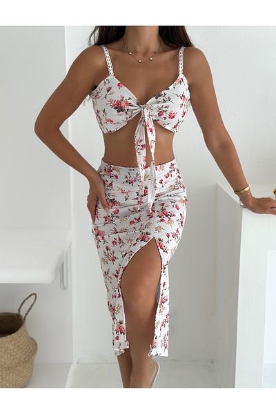 YUSUF CAN KARATAŞ KARATAŞ GİYİM Women's Patterned Lycra Fabric Strap Front Tie Crop and Slit Midi Skirt Set