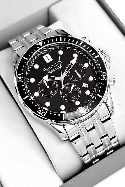 Ferrucci Function Men Wrist Watch Silver-Black Steel Band 3Atm Water Resistant Sdfer095