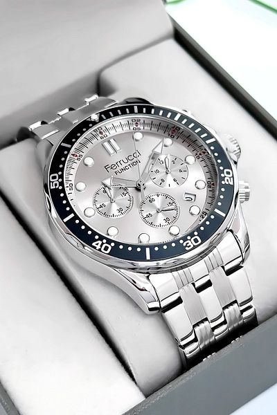 Ferrucci Function Men Wrist Watch Silver-White Steel Band 3Atm Water Resistant Sdfer095