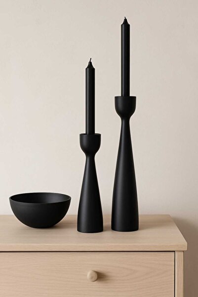 mebaconcept El Yapımı Siyah Ahşap Şamdan Seti (2'Lİ) – 20 Cm & 17.5 Cm – Rustik Dekoratif Mumluk