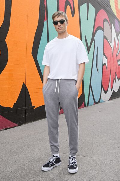 Elemge Βαμβακερό ανδρικό παντελόνι Jogger Γκρι Relax Fit Κορδόνι με τσέπες Κανονική άνετη εφαρμογή Μαλακό κλειδί 3 κλωστών