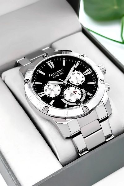 Ferrucci Function Men Wrist Watch Silver-Black Steel Band 3Atm Water Resistant Sdfer093