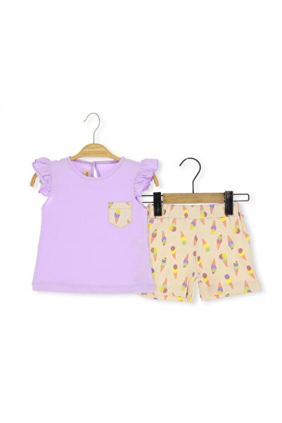 atabay طقم بناتي مع شورت مطرز بجيب مجمد ليلك