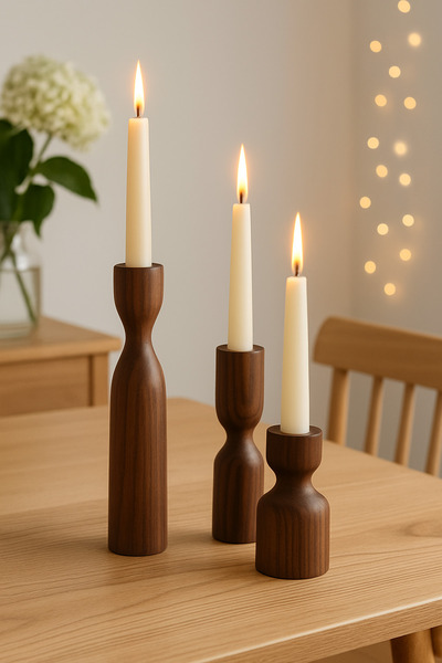 mebaconcept Doğal Ahşap İskandinav Kahve 3'lü Set 18-14-10 Cm Şamdan Rustik Modern Vintage