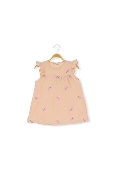 atabay Flower Printed 36/1 Compact Girl's Dress Beige