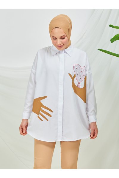 SAHRA BUTİK White Single Stone Ringed Tunic - Sahra Butik