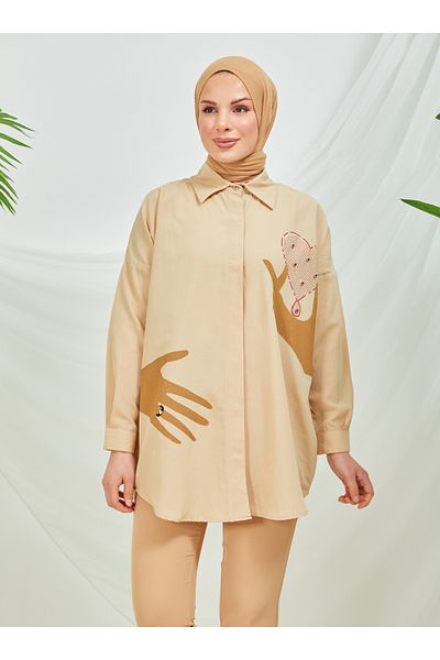 SAHRA BUTİK Sahra Boutique Single Stone Ring Tunic - Biscuit