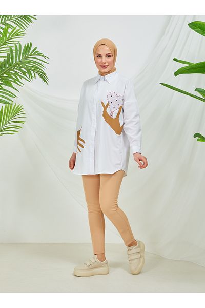 SAHRA BUTİK White Single Stone Ringed Tunic - Sahra Butik