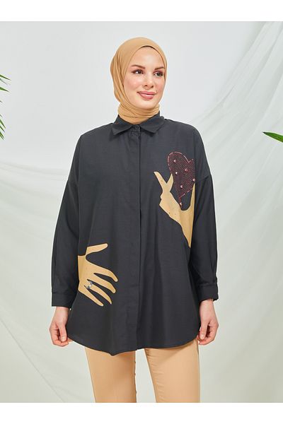 SAHRA BUTİK Black Single Stone Ringed Tunic - Sahra Butik