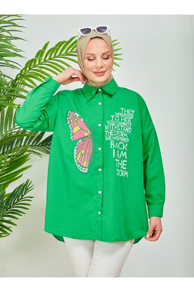 SAHRA BUTİK Green Butterfly Embroidered Stone Embroidered Tunic - Sahra Butik