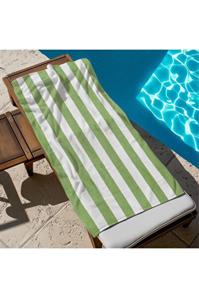 Piloji منشفة شاطئ مخططة باللون الأخضر - منشفة شاطئ مخططة باللون الأخضر 75 × 1...