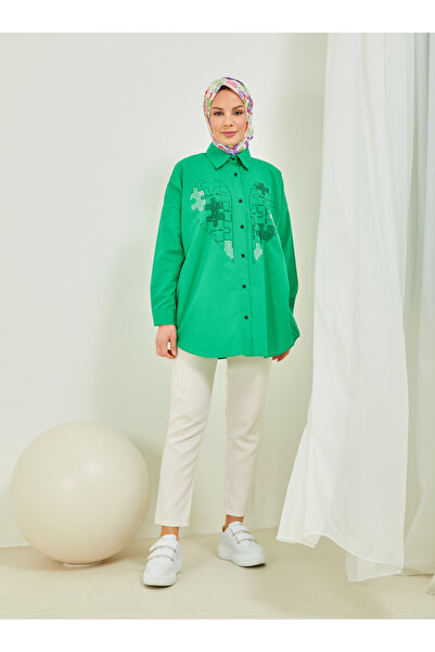 SAHRA BUTİK Пазл-туніка з принтом у вигляді серця та обробкою з каменів - зел...