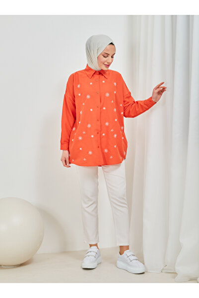 SAHRA BUTİK Orange Daisy Embroidered Pearl Tunic - Sahra Butik