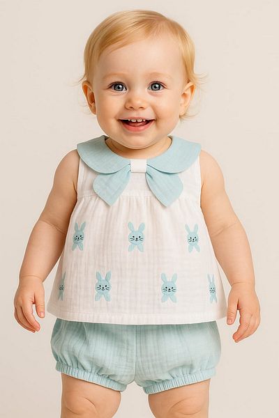 dinamik çocuk Baby Girl Summer Set Bow Rabbit Pattern 2 Piece Bottom Top