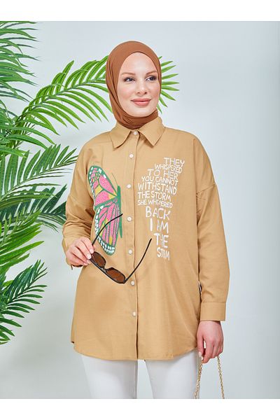 SAHRA BUTİK Stone Embroidered Butterfly Embroidered Tunic - Biscuit - Sahra Butik