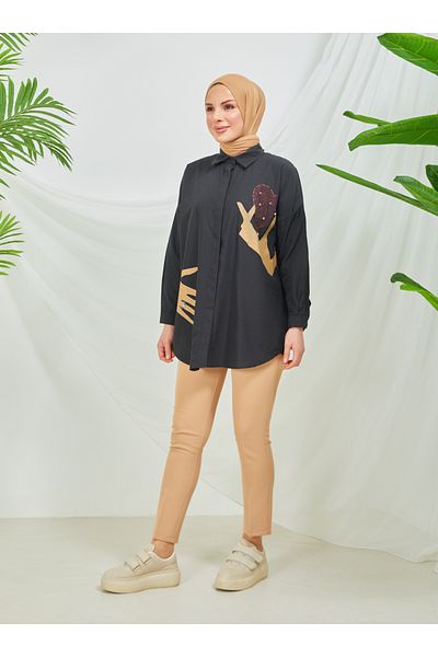 SAHRA BUTİK Black Single Stone Ringed Tunic - Sahra Butik