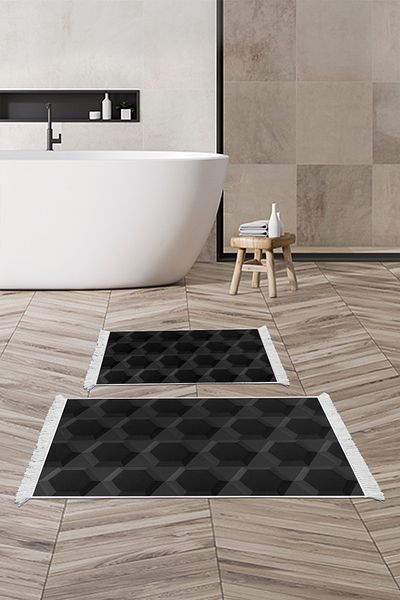Alanur Home Αντιολισθητική βάση Djt Σετ τουαλέτας Trend Fringed Geometric E5016 Μαύρο