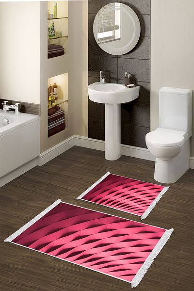 Alanur Home Αντιολισθητική βάση Djt Σετ τουαλέτας Trend Fringed Geometric E5017 Powder