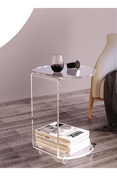 SMARTPOINTS C-Shaped Round Acrylic Side Sofa Table on Wheels, Clear Rolling Decoration Table for Liv