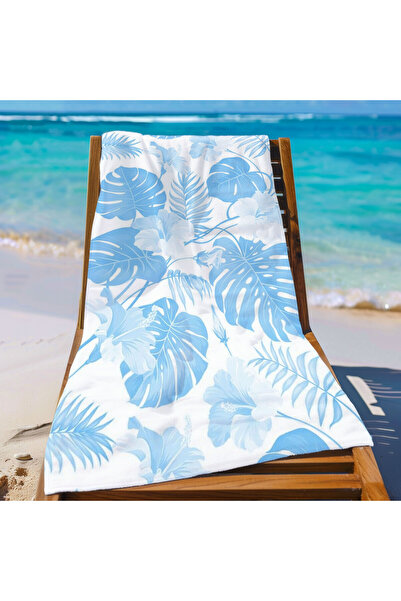 Piloji منشفة شاطئ بنمط أوراق الشجر الزرقاء - منشفة بحر مطبوعة 75 × 150 سم - م...