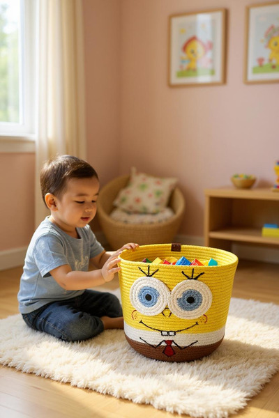 Zuviel Deco Handmade سلة ألعاب سبونج بوب مقاس 28x25 - منظم مصنوع يدويًا، متعدد الأغراض