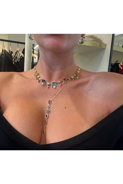 stainless steell نموذج قلادة على شكل حرف Y من الحجر الملون