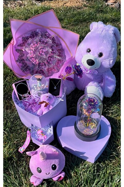 speswear Büyük Mor Sevgi Set'i Hediye Aşk Sevgiliye Takı Peluş Ayıcık