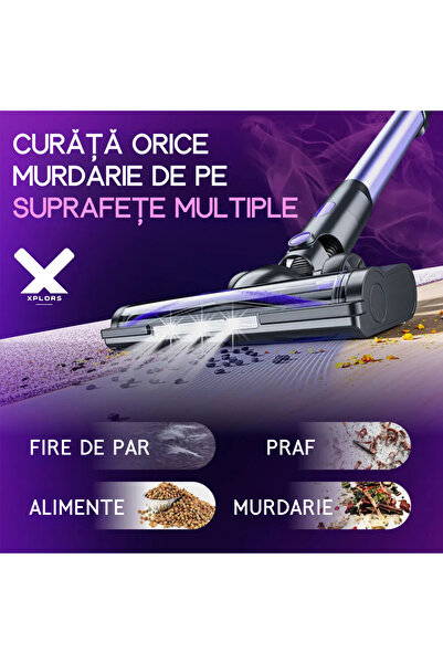 XPLORS Aspirator Vertical Fara Fir ®, 180w, 12000pa, Filtrare 5 Stadii, Lumina Led Uv, Durata 40min, Violet