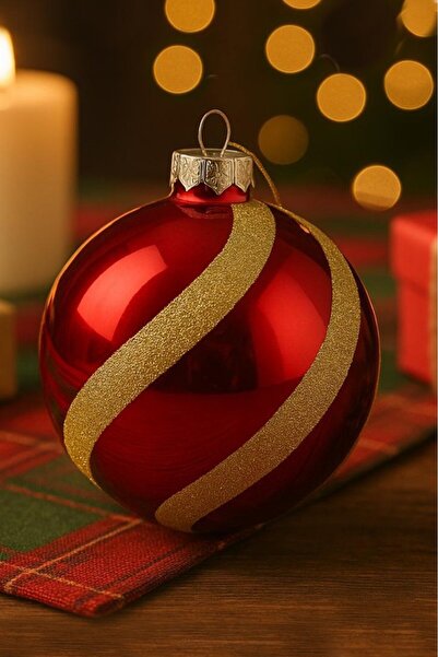 BeySüS Yılbaşı Çam Ağacı Süsü Parlak Özel Altın Çizgili Holiday Cici Top 8cm 3'lü