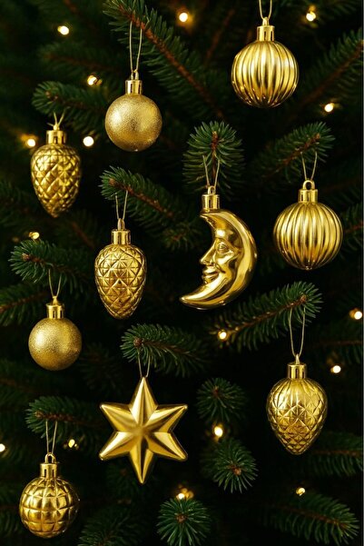 BeySüS Yılbaşı Çam Ağacı Süsü Parlak Özel Karışık Gold Holiday Cici Top 4-8 Cm 12'li