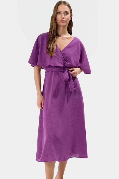 PayBuy A-Line Linen Look Midi Dress Short Angel Sleeve Lined Cape Detail Modern Style