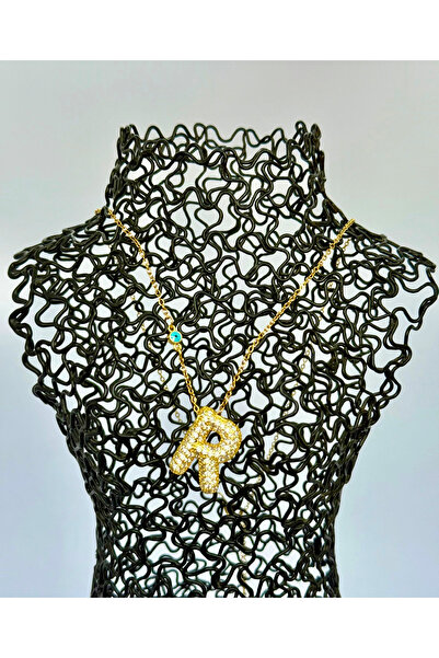 TUAN AKSESUAR Gold Renk Zirkon Taşlı Balon Bubble Model R Harfi Nazar Boncukl...