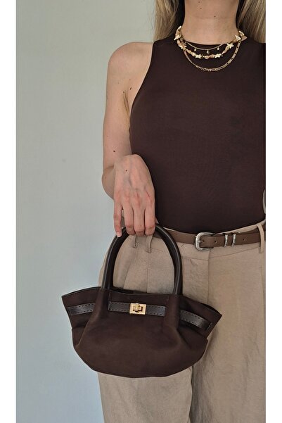 İzel Çakran Kadın Elina Kemer Detaylı Mini Nubuk Çanta Acı Kahve