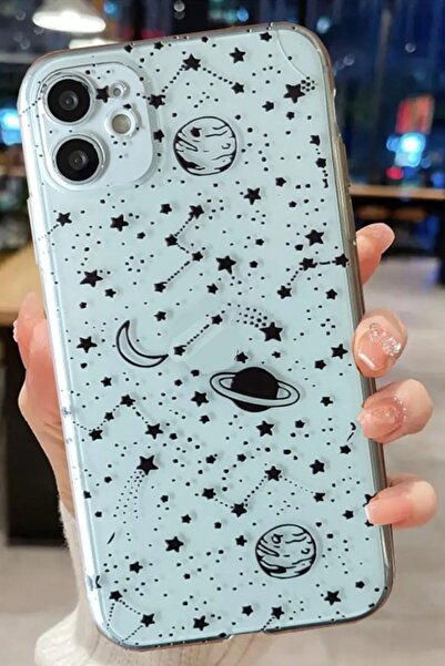 3GEN CASE iPhone 11 Compatible Black Planets Patterned Transparent Silicone Case