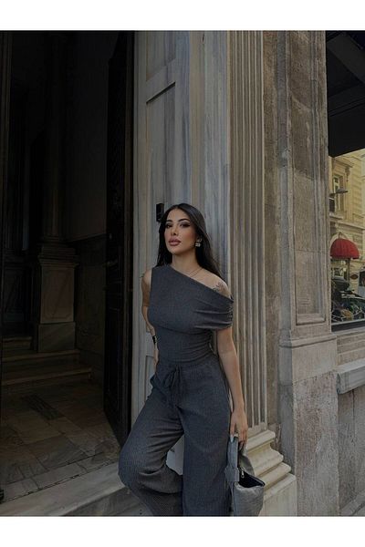 MODAMOR Gray One Shoulder Detail Fit Cut Double Suit-Bluez Pants