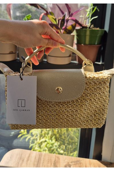 İzel Çakran Georgina Gold Cover Detailed Summer Mini Straw Hand & Shoulder Bag