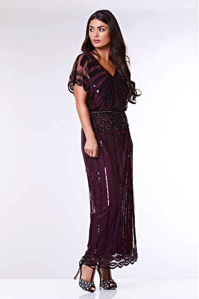 GATSBYLADY LONDON Angelina Maxi Flapper Dress in Plum